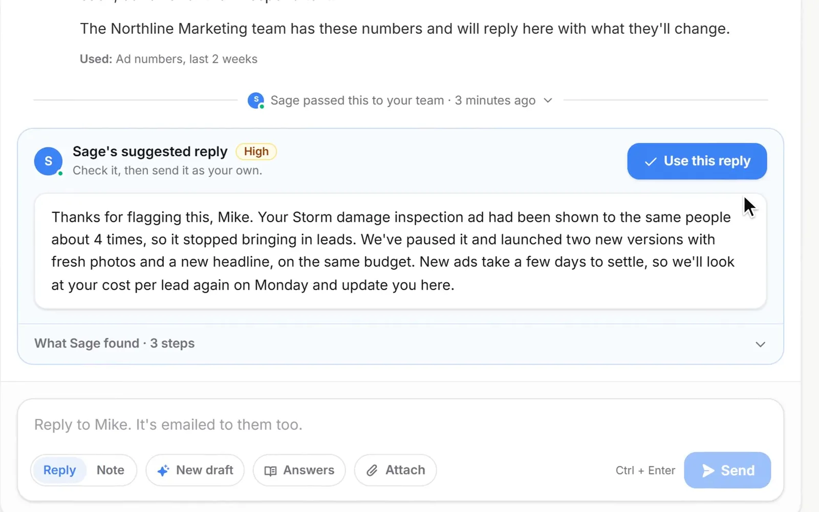 On Summit Roofing's white-label CRM the owner asks why his cost per lead went up, the agency's assistant Sage reads his ad numbers and answers, and on the agency's Support desk a teammate sends Sage's suggested reply in one click.